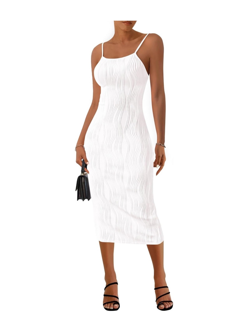 Slim Fit White Midi Dress with Spaghetti Straps